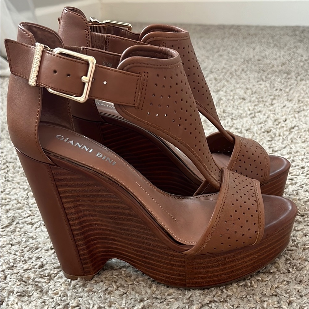 Gianni Bini Brown Leather Wedge Sandals with Ankle Strap